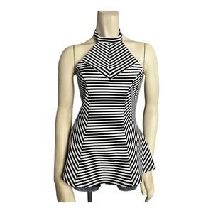Guess Striped Peplum Top with Choker Neckline White/Black Women's S Casual Chic